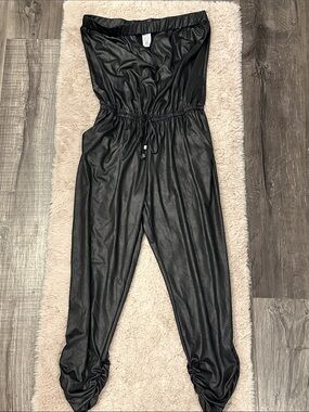 Ariella Black Strapless Faux Leather Jumpsuit with Drawstring Waist
